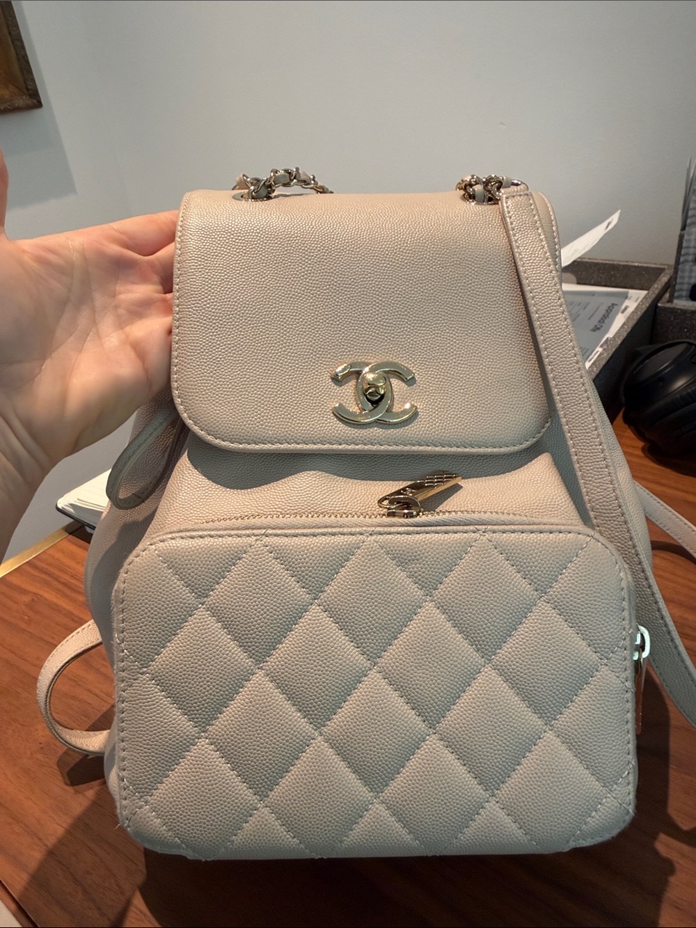 CHANEL Beige Quilted Caviar Leather Backpack with Gold CC Hardware